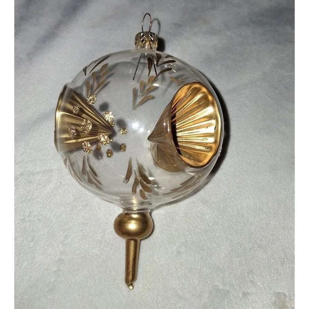 Vintage Germany Clear Glass Double Indent Christmas Ornament Gold 5